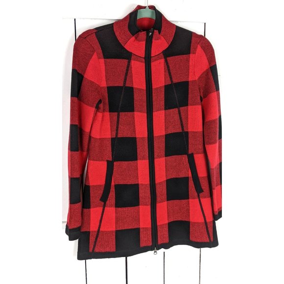Adrienne Vittadini red black checkered buffalo plaid zipper cardigan sweater - Picture 3 of 6